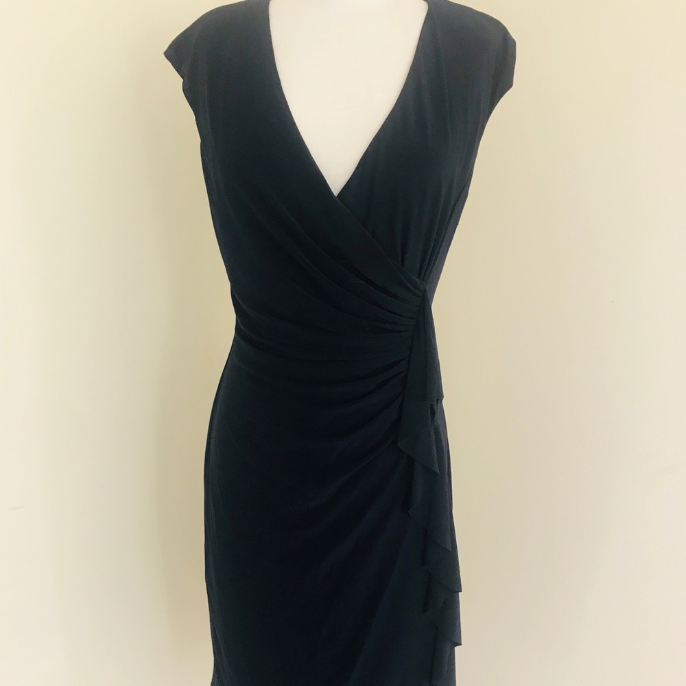 V neck navy blue dress with side waterfall detail
